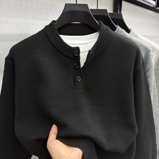 RED DRAGONFLY high-end light luxury three-button Henry collar sweater for men in autumn and winter casual thickened warm knitted sweater base layer jacket black M