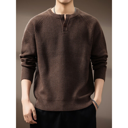 Henhut luxury high-end brand high-end Henley collar men's sweater autumn new trendy brand loose lazy style sweater for men brown S