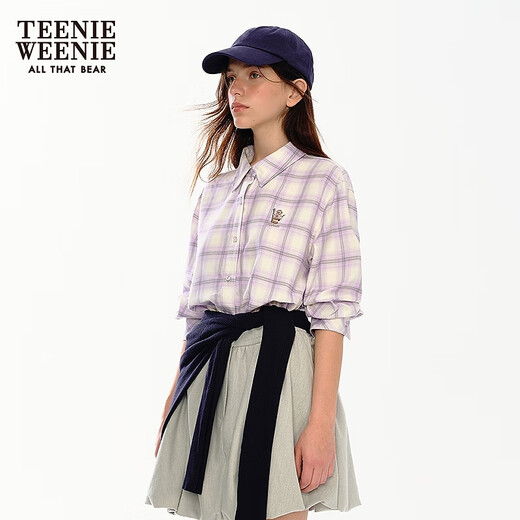Teenie Weenie Bear Women's Shirt Winter Fashionable Fun Embroidered Color Lapel Plaid Shirt Top Light Purple M