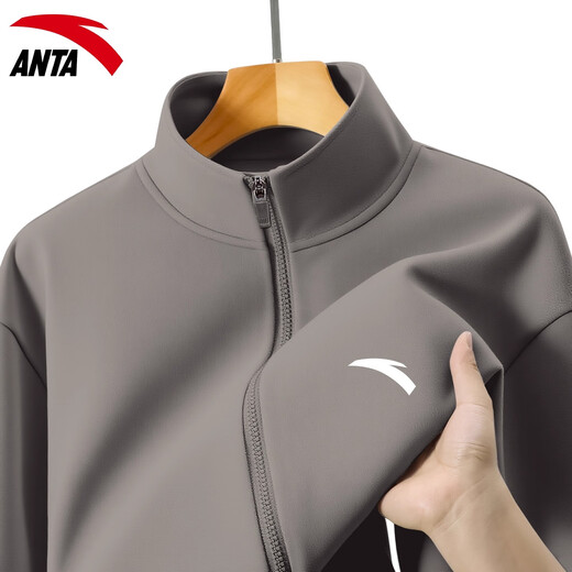 ANTA Soft Shell Sports Jacket Men's 2025 Autumn and Winter New Stand Collar Cardigan Loose Zipper Jacket Sports Casual Wear Top -3 Dusty Gray Regular Style L Suitable for 120-140 Jin Jin equals 0.5 kg