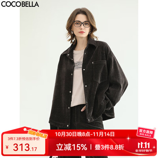 COCOBELLA loose corduroy shirt autumn and winter warm commuting casual lapel jacket SR3078-2 ebony brown M