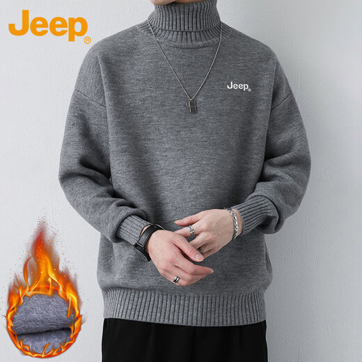 JEEP Jeep sweater men's winter velvet thickened warm inner layering sweater knitted men's gray velvet XL