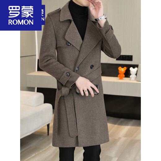ROMON woolen coat men's mid-length handsome belt slim cashmere woolen coat wool double-sided woolen windbreaker black. M 170 recommended 90-110 Jin Jin equals 0.5 kg
