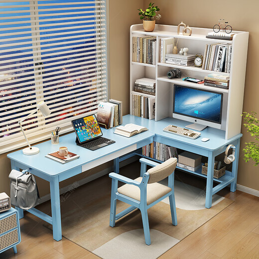 Huixun solid wood corner desk bookshelf integrated student home bookcase combination study table bedroom L-shaped corner computer table walnut color #desk + bookshelf 140cm*60cm*175cm auxiliary seat length 120cm