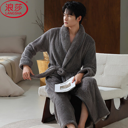 LangSha nightgown men's winter flannel warm plus velvet thickened long bathrobe coral velvet warm large size men's pajamas