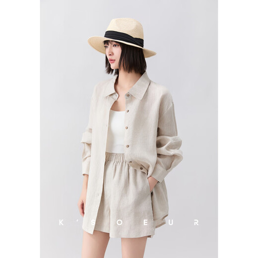 KSOEURK sister 100 linen light oxygen suit lapel single-breasted shirt + elastic waist shorts suit white-shirt S