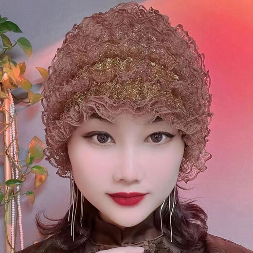 Four seasons thin Baotou hat to cover gray hair, lace hat, fashionable home hat, cycling windproof hat, bald hat for women, black, 7 laces, 96 width size