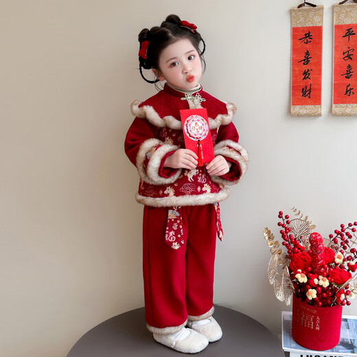 Girls suit thickened 2025 new style children's clothes autumn and winter little girl national style New Year clothes two-piece set red 110 cm