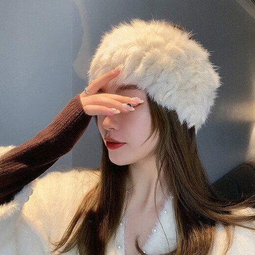 Qimei Lian forehead protection cold-proof fur hood autumn and winter warm windproof headband fashionable rabbit fur large head circumference sports ladies real rex rabbit fur beige