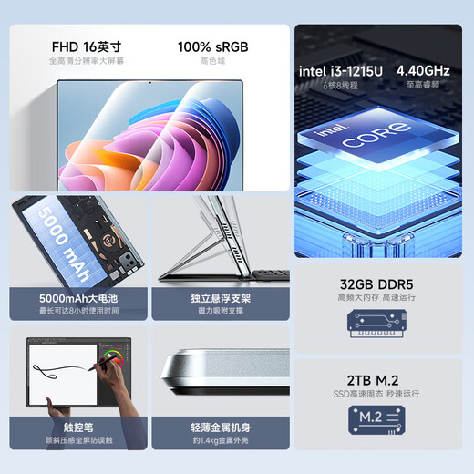 Dere tablet 16-inch 2-in-1 touch screen laptop Surface T60 thin and light portable business office online class entertainment audio-visual handheld high-definition ultra-large eye protection notebook 16-inch high-definition + 2-in-1 touch screen + i3-1215U strong core 32G + 1TB ultra-fast solid state