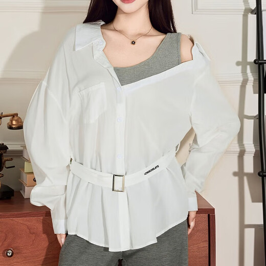 CHOCOOLATE it women's sexy design off-shoulder fake two-piece splicing long-sleeved shirt for women autumn and winter slim waist top for women white M