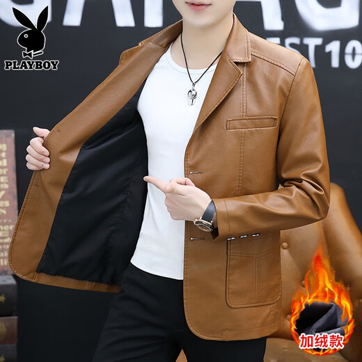 Playboy (PLAYBOY) Burgundy Leather Men's Suit Collar Jacket 2025 Autumn and Winter Velvet Motorcycle Leather Jacket Men's Autumn and Winter 8937 Burgundy Velvet XL 121-140Jin Jin is equal to 0.5 kg
