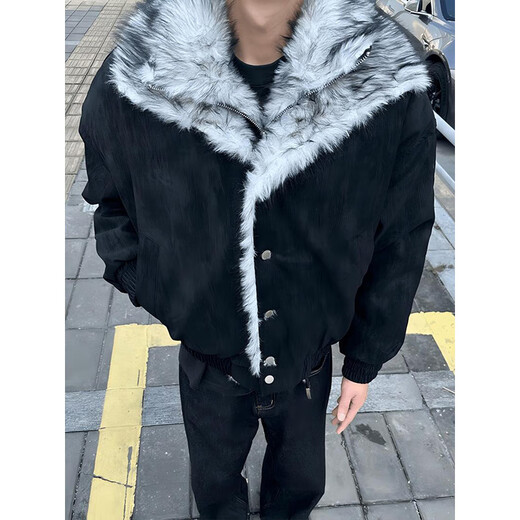 Luyal American fake two-piece Wolf Throne mountain carving cotton jacket for men in winter, warm and thickened, temperamental and warm, high-grade cotton jacket, black XL, it is recommended to take one size larger