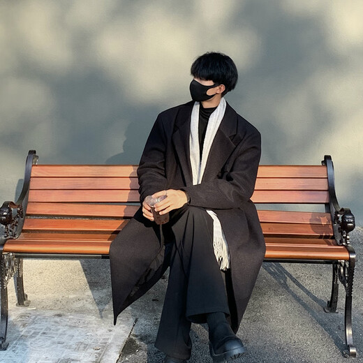 Homlean woolen coat jacket men's autumn and winter mid-length Korean style high-end loose knee-length woolen windbreaker HT21 black M