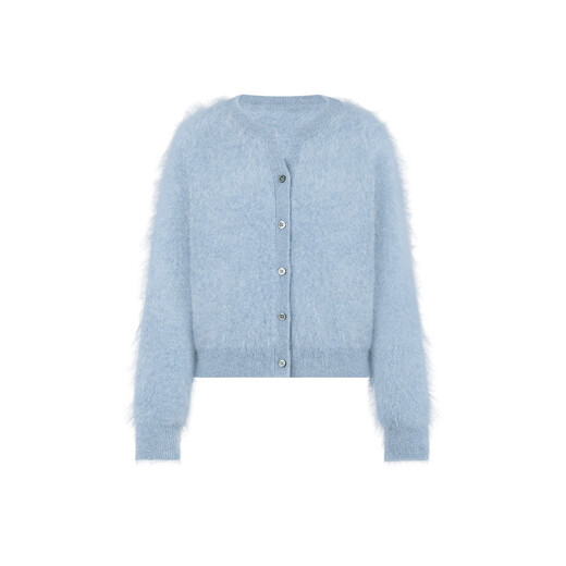 MEIYANG cloud-like cashmere cardigan, all cashmere brushed round neck buttoned short sweater, soft and gentle winter style, blue gray M