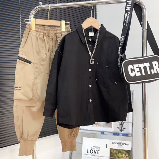 Cool and handsome loose white shirt for boys 2025 new spring and autumn medium and large children black long-sleeved casual lapel top white 140