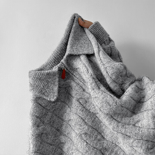 Lovren LOFVRANG American retro old money style twist Henry collar sweater for men in winter loose pullover couple layered cable knit sweater light gray L