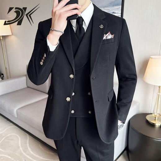 DK brand men's suit suit men's autumn and winter thick suit suit Korean version slim groom wedding formal suit brown suit + trousers plaid style M
