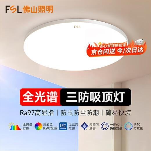 FSL Foshan Lighting Full Spectrum Three-Proof Ceiling Lamp Bedroom Balcony Lamp IP40 Moisture-proof Dust-proof Mosquito-proof Simple Ultra-thin 12W White Light (6000K) Size 220*58mm