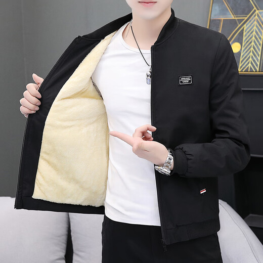Semir winter men's stand-up collar jacket, trendy and versatile, casual workwear, velvet thickened jacket, handsome youth top, icon black, velvet M