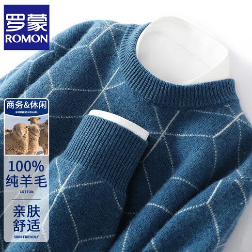 ROMON 100% wool sweater men's autumn and winter new round neck loose thickened pullover sweater business casual bottoming knitted fleece sweater sky blue M