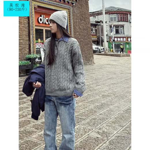 Wu Quanwan cra American fake two-piece Henry collar sweater men's autumn retro cable knit sweater cleanfit couple coat black upgraded version black upgraded version M