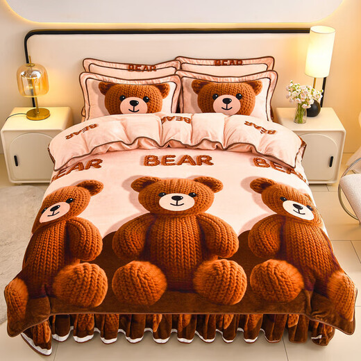 Winter thickened milk velvet four-piece bed skirt style coral velvet gold mink velvet quilt cover double-sided flannel bedding KT Bear bed sheet hanging edge style 1.8 four-piece set-quilt cover 200*230cm
