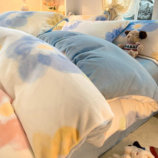 NanJiren (NanJiren) milk velvet four-piece autumn and winter thickened bed sheet and quilt cover double-sided plus velvet quilt cover and student dormitory three-piece set colorful flower + baby blue heat storage and warmth 1.5m bed sheet four-piece quilt cover 200*230