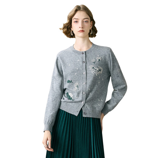 Yanyu Gray Cardigan Sweater Women's 2025 Winter New Slim Fit Versatile Embroidered Warm Outerwear Knitted Sweater Top Gray 2XL