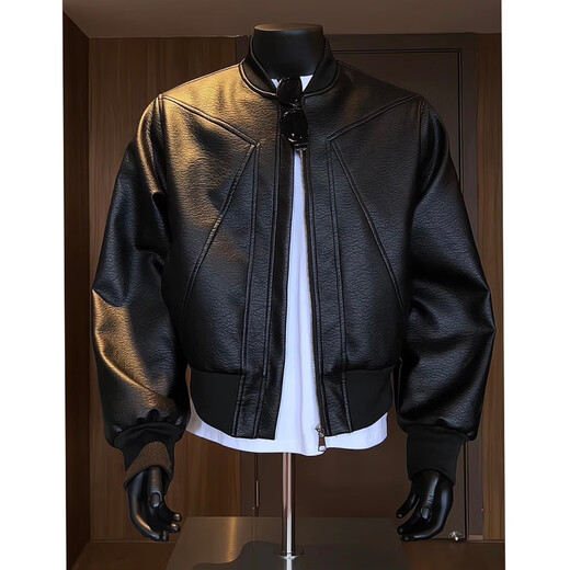 Jufeng American deconstructed short leather jacket men's high-end handsome motorcycle baseball uniform trendy brand workwear bomber jacket black quality upgrade 3XL 170-190Jin Jin equals 0.5 kg can be worn