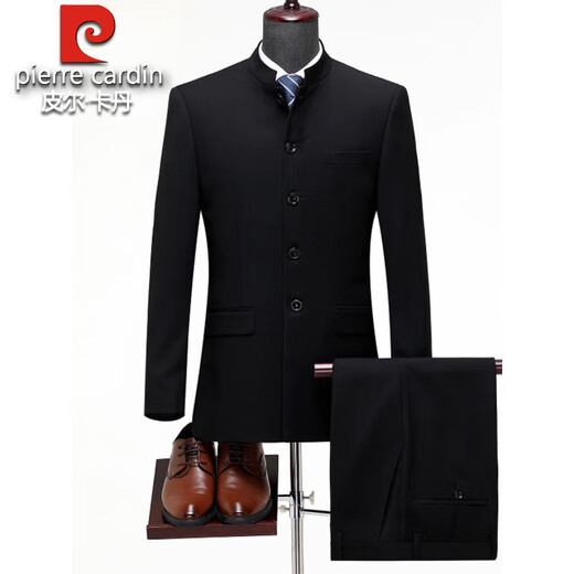 Pierre Cardin 100% pure wool tunic suit for middle-aged men, dad's suit, wedding dress, Chinese stand-up collar suit, black XL 180/52