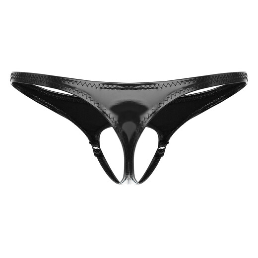 PYONGRAINS men's front hollow underwear sexy bright leather men's thong iron ring mid-low waist T-line underwear black sub-size S