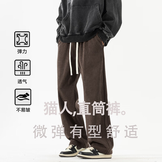 Catman wheat ear pattern plus velvet casual pants for men in spring and autumn corduroy loose straight trousers drapey anti-wrinkle wide leg sports pants ergonomic pants apricot spring style no ironing easy to take care of L height 165-178 weight 125-135