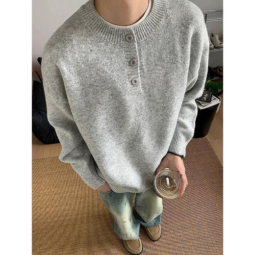 Jingsa American retro Henry collar sweater men's winter lazy style knitted bottoming shirt cleanfit warm inner top light gray XL