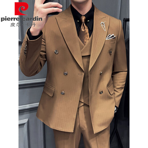 Pierre Cardin yarn-dyed dark striped double-breasted suit for men, Korean style slim and crisp business formal wedding suit, three-piece suit, medium gray (single suit) 3XL