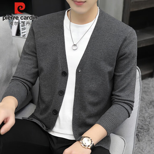 Pierre Cardin Cardigan Sweater Men's Autumn and Winter Slim Outerwear V-neck Sweater Men's Tops Wool Clothes Dark Gray XL