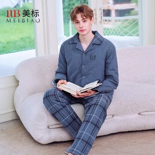 American Standard Autumn and Winter Three-layer Thickened Cotton Couple Pajamas Set Women's Plaid Cotton Warm Wearable Home Clothing for Men Blue XL