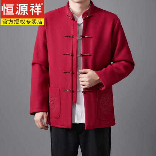 Hengyuanxiang high-end Tang suit men's middle-aged and elderly dad's suit plate buckle embroidered woolen coat elderly embroidered autumn and winter grandpa suit red XL 175