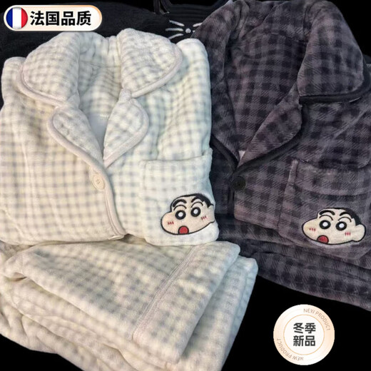 Jingga Winter Coral Velvet Pajamas Crayon Shin-chan Cartoon Couple Model One Male and One Female Thick Warm Flannel Home Clothes Plaid Crayon Female Light Green Male Black Gray - Single Set L Female Recommendation 100-120 Jin Jin is equal to 0.5 kg