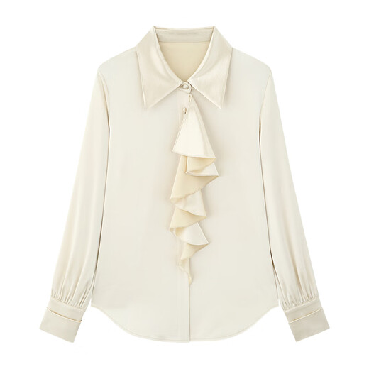 Lu Qingyi original curly haze retro glossy satin shirt women's autumn and winter design ruffled casual top champagne color M photo wear