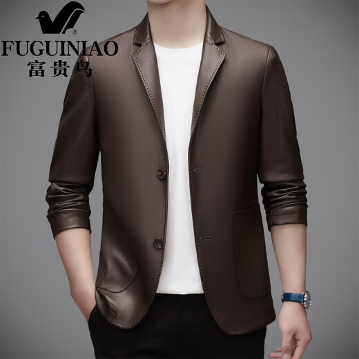 Fuguiniao (FUGUINIAO) 2025 New Korean Style Slim Small Suit Jacket Men's Spring and Autumn Leather Clothing Business Casual Leather Suit Jacket Trendy Brown M