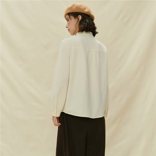 Giordano designer pleated texture cotton embroidered lace stand collar loose long-sleeved shirt for women 18345706 01 glutinous rice white M