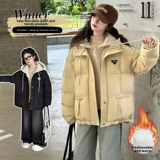 G.duck Little Yellow Duck Girls' Cotton Clothes 2024 New Winter Clothes Korean Style Middle and Large Children's Fake Two-Piece Cotton Jacket Western Style Thickened Hooded Cotton Black_(Fake Two-Piece Cotton Clothes) 120 (Recommended Height 113-123cm)