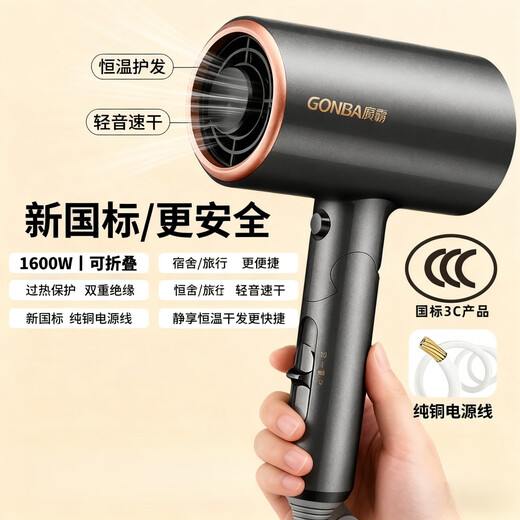 GUANGBA 2025 new technology National standard certified hair dryer household negative ion hair care silent quick-drying high wind low power hair dryer for dormitory students constant temperature does not harm hair quality amber gray new national standard safer 1600W + styling nozzle 2M pure copper power cord