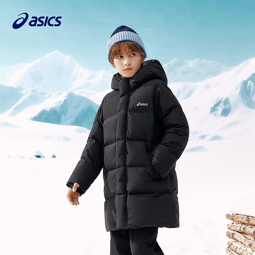 ASICS Children's Clothing 25 Years Winter Children's Mid-Length Down Jacket, Fluffy, Stylish, Thickened, Warm and Waterproof Black 85% Down 160 Filled Down 166.6g