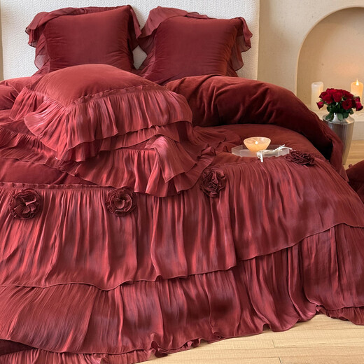 Fantasy wedding four-piece milk velvet festive quilt cover big red baby velvet bed sheet bed cover dowry rose melody-red bed sheet 1.8m bed sheet four-piece set quilt cover 200x230