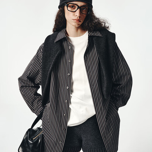 IN YASAKO metropolitan yarn-dyed striped large-size drawstring jacket-like shirt New York black and gray stripes (pre-10.12-10.19) S