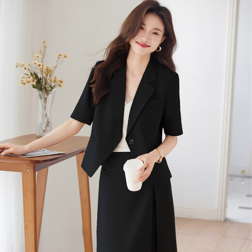 蓝色短款西装套装裙女薄款夏季小个子高级感气质职业西服外套短袖 粉色 单件外套（Ki826） 2XL