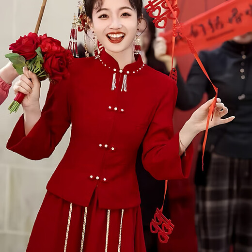 Pierre Cardin New Chinese Toast Wear 2025 Autumn New Style Little Bride Xiuhe Wear High-end Temperament Engagement National Style Dress Burgundy L