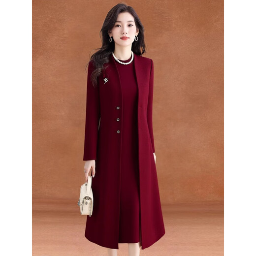 Rabbit style grandma dress autumn and winter plus velvet burgundy woolen dress for women autumn and winter noble light luxury western style mother two pieces red generous and decent to attend important occasions formal XL (suitable for 116-125 Jin Jin is equal to 0.5 kg)